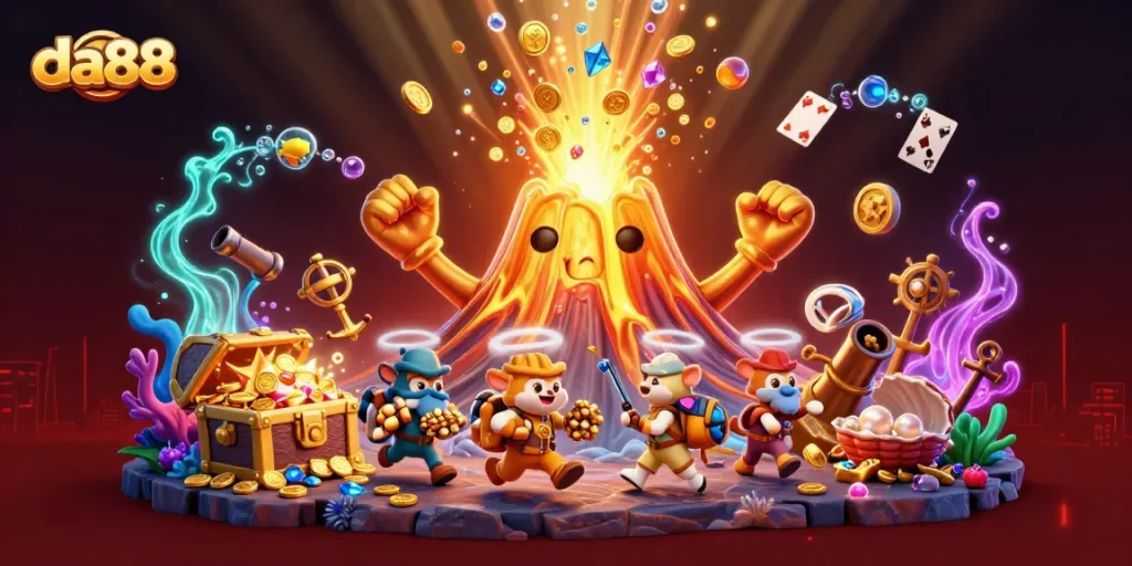 Win big with da88 at the vibrant online casino, featuring an erupting volcano surrounded by treasures.