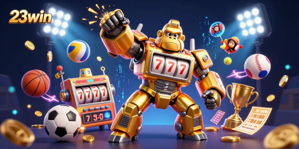 Engage with 23win's vibrant 3D casino scene showcasing a golden gorilla mech and sports elements.