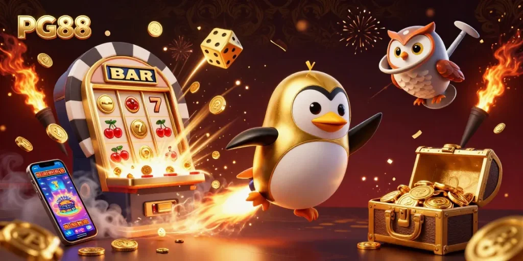 Win big with PG88 while enjoying a vibrant casino experience featuring a golden penguin and thrilling game elements.