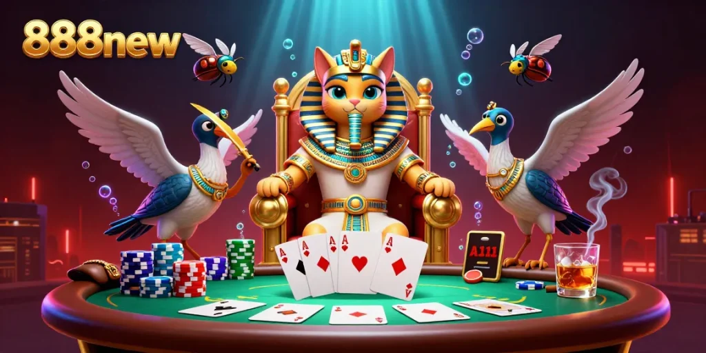 Experience exhilarating card games with 888new’s lively 3D Egyptian-themed scene.
