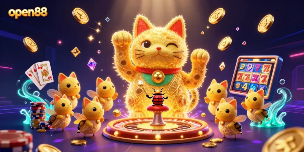 Experience the excitement at open88 with a whimsical scene of lucky symbols and casino treasures.