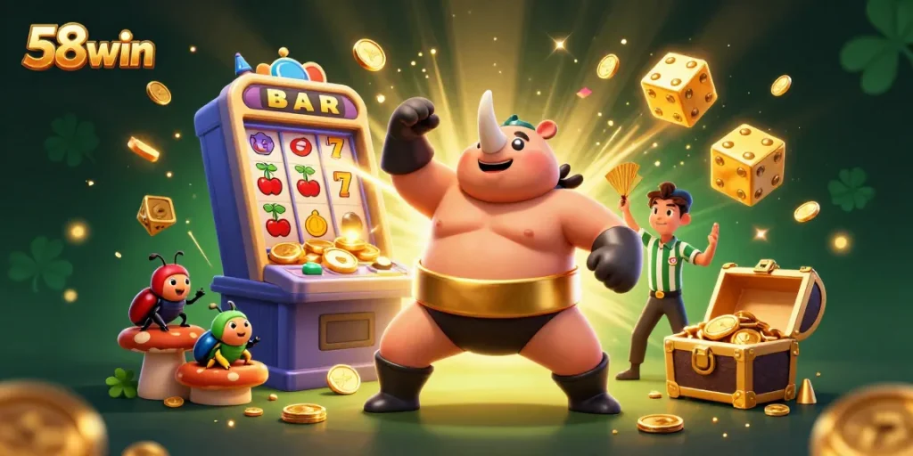 Experience thrilling slots and jackpots at 58win in this vibrant illustration.