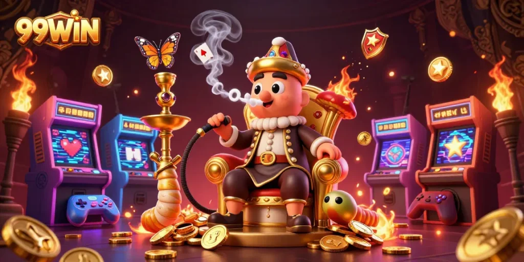 Experience 99WIN's vibrant gaming world with a colorful 3D casino illustration showcasing dynamic gambling elements.
