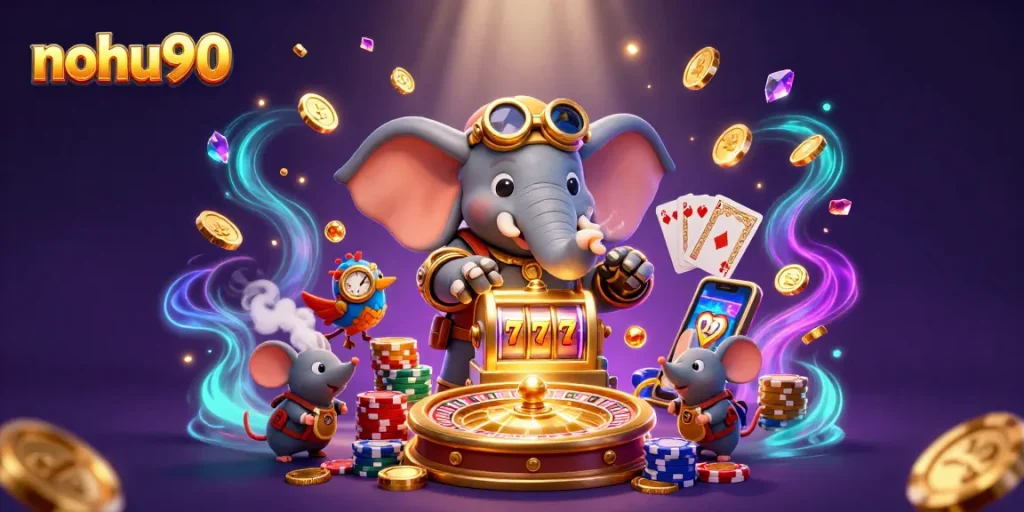 Nohu90 Casino: Engage with a vibrant scene of steampunk elements, slot machines, and colorful poker chips.