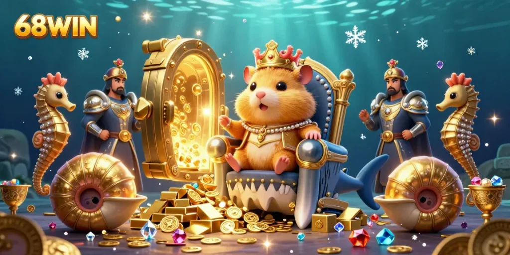 Experience the thrill of 68WIN with a golden hamster king and treasures in a vibrant casino scene.