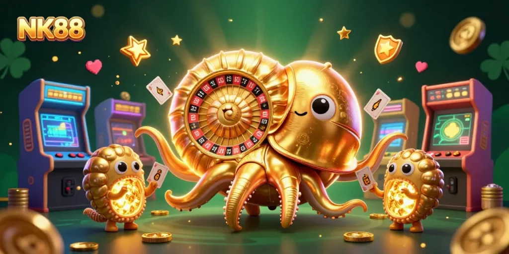 Win big with NK88 in this vibrant scene of ancient casino games featuring energetic characters.