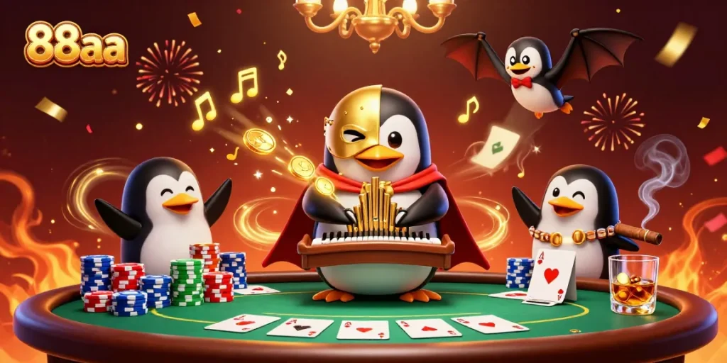 Experience the excitement of 88aa with a spectacular 3D casino scene featuring a penguin organist.