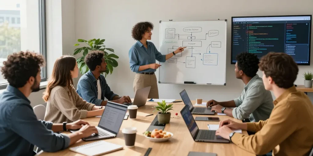 Build internal tools with AI in dynamic team collaboration setting with laptops and whiteboard.