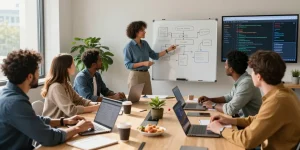 Build internal tools with AI in dynamic team collaboration setting with laptops and whiteboard.