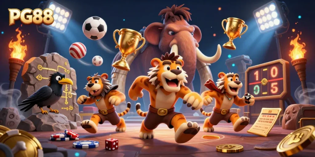 Experience thrilling betting at PG88 surrounded by lively characters and dynamic sports elements.