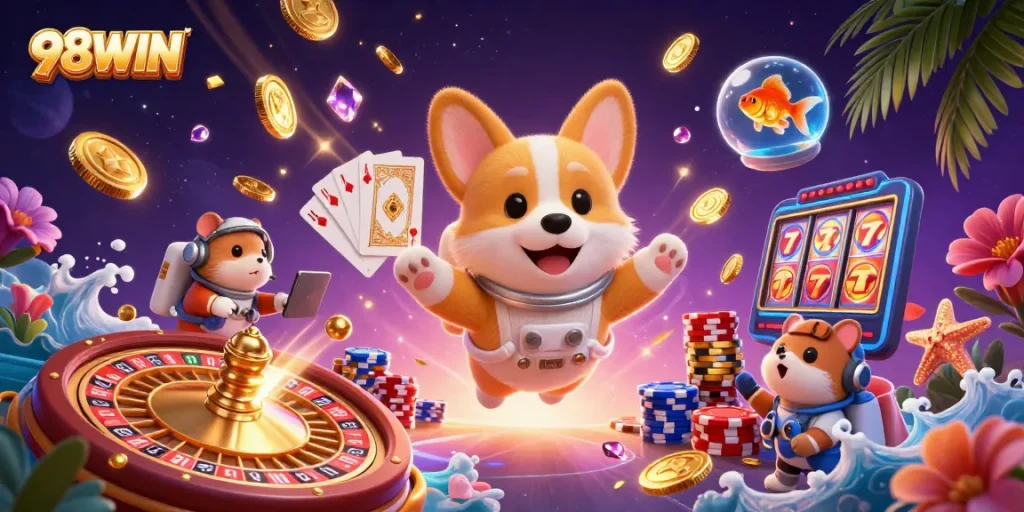 Engage with 98WIN's exciting online gaming experience featuring vibrant characters and casino elements.
