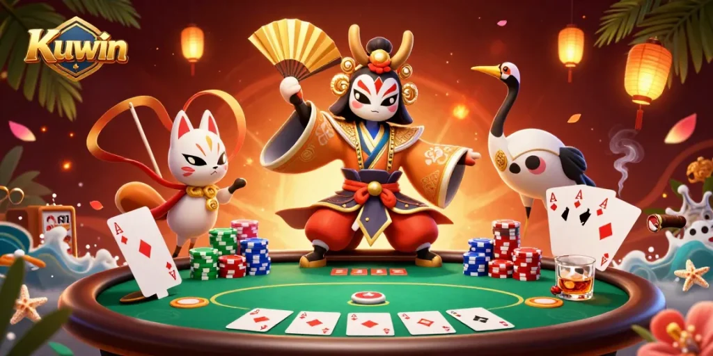 Kuwin showcases an exciting poker scene with vibrant characters and dynamic game elements capturing player energy.