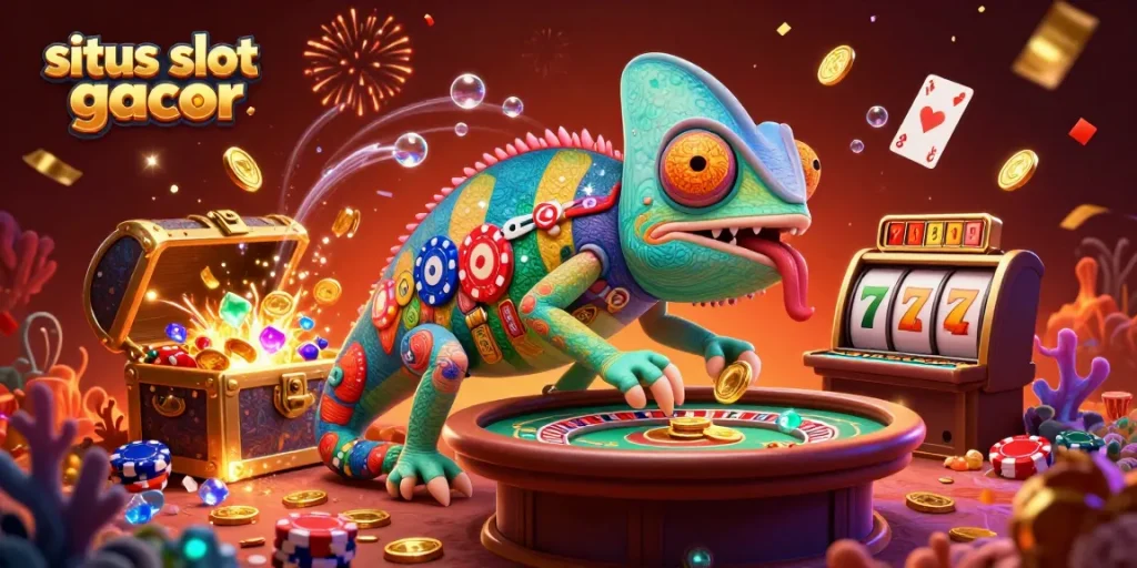 Situs slot gacor features a colorful chameleon casino owner surrounded by slot reels and gold coins.