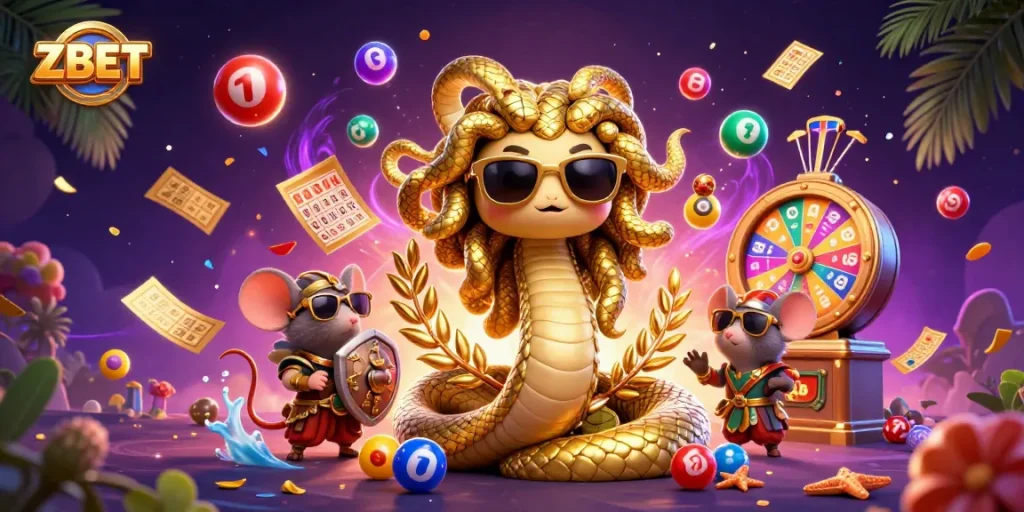 ZBET casino experience with playful Medusa, lottery balls, and festive elements showcasing vibrant gambling action.