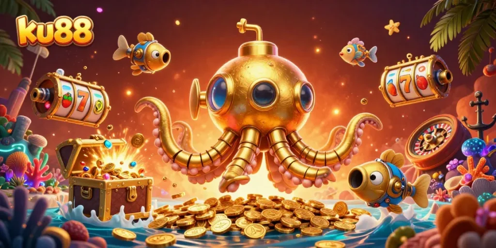ku88 slot game adventure with a golden kraken and mechanical fish in a treasure-filled sea