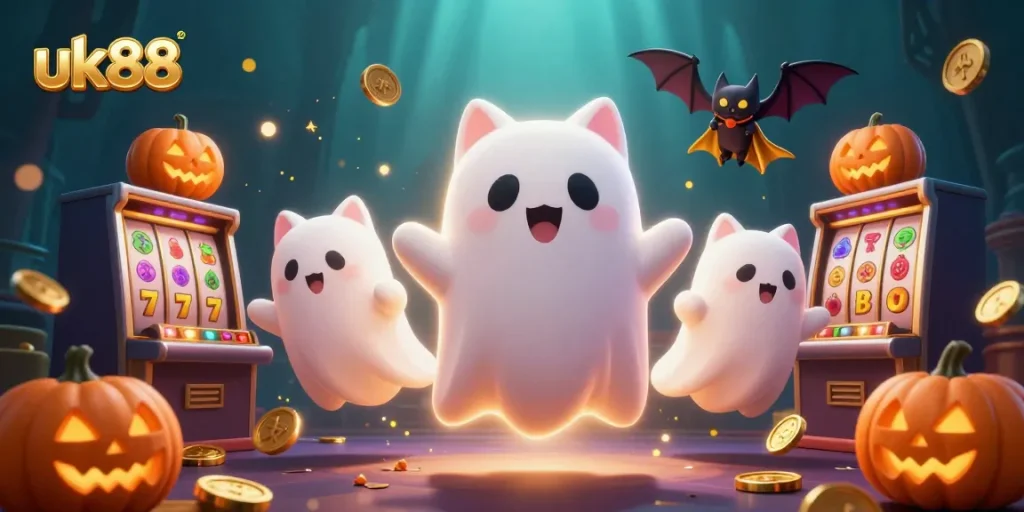 uk88 showcases a ghost cat and vampire bat in a haunted casino scene with slot elements.