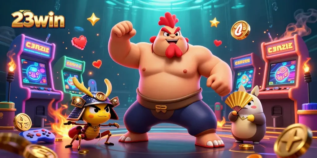 Experience thrilling gameplay at 23win with a dynamic casino scene featuring vibrant characters and elements.