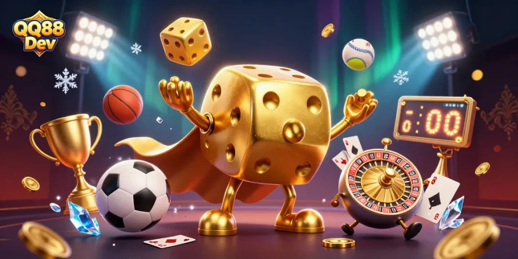 Experience the thrill of QQ88 Dev with a golden dice golem juggling dice amid vibrant sports elements.