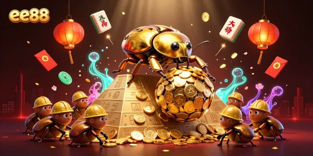 ee88 showcases a vibrant 3D scene with a golden dung beetle and casino symbols