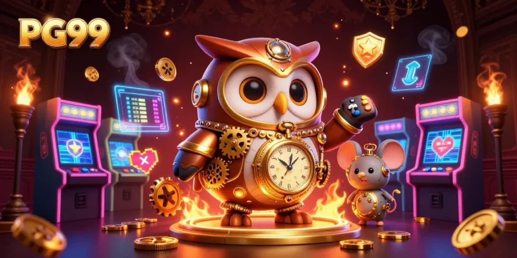 PG99 offers a vibrant casino experience with a time-traveler owl and game machines in a dynamic scene.
