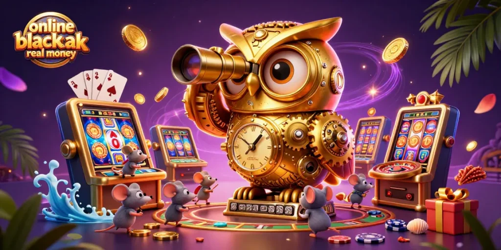 Experience online blackjack real money in a vibrant casino scene with a clockwork owl and playful gaming elements.