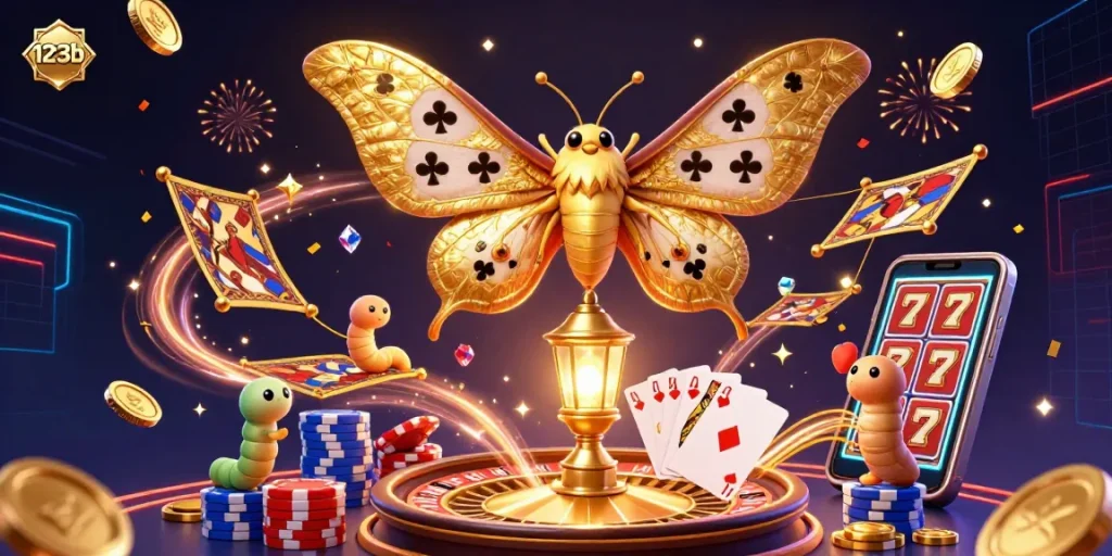 Engage with the vibrant casino scene of 123b, featuring a majestic moth and abundant casino elements.