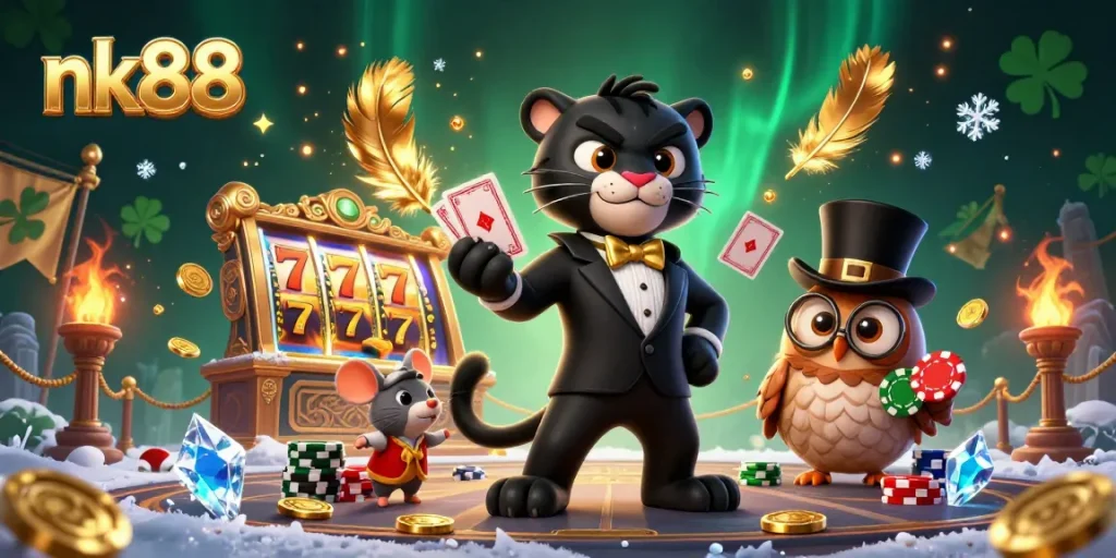 nk88 reveals a stylish panther card dealer with vibrant casino elements and poker action.